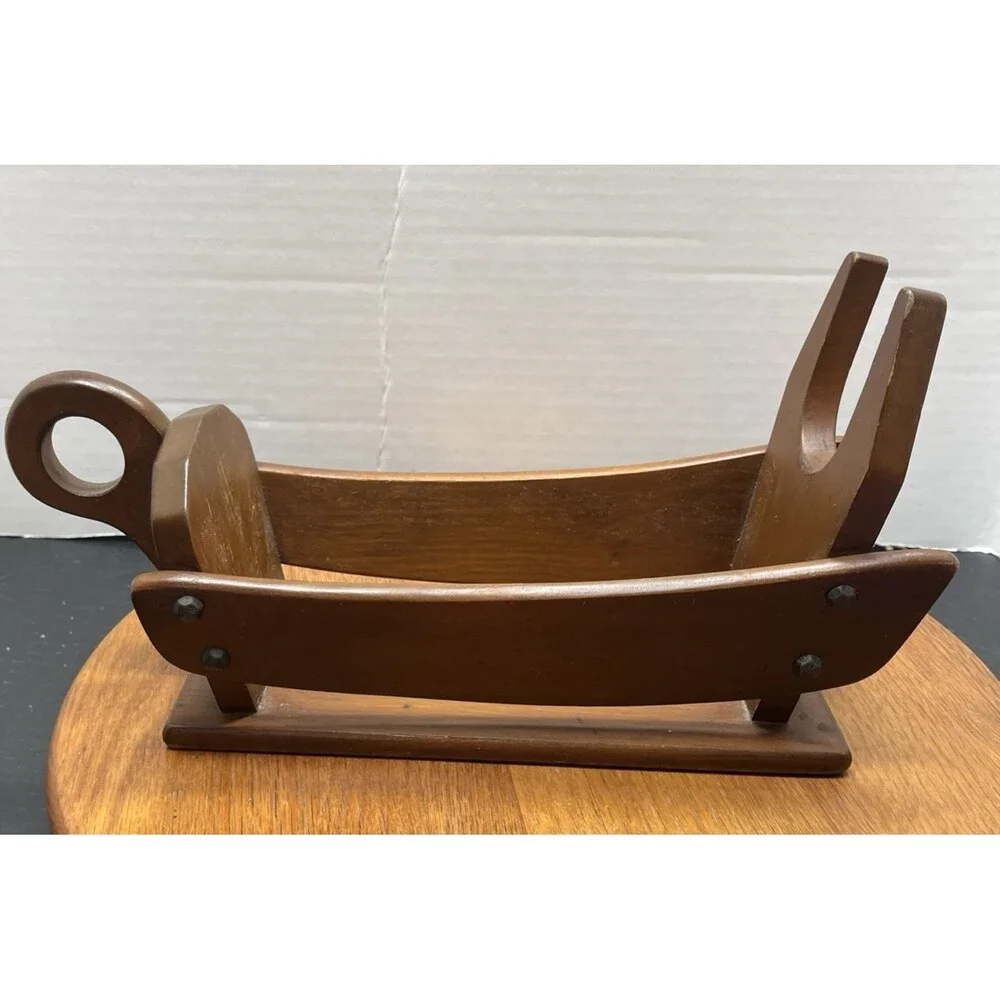 Vintage Mid-Century Modern Solid Wood Wine Bottle Cradle Holder Tabletop
